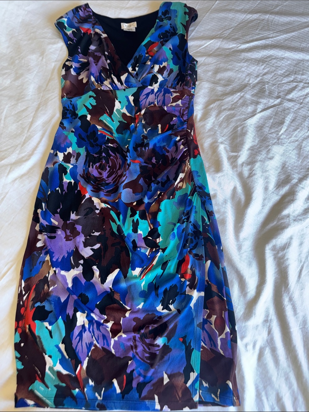 Maggy London Blue & Purple Floral V-Neck Sheath Dress - Picture 2 of 5